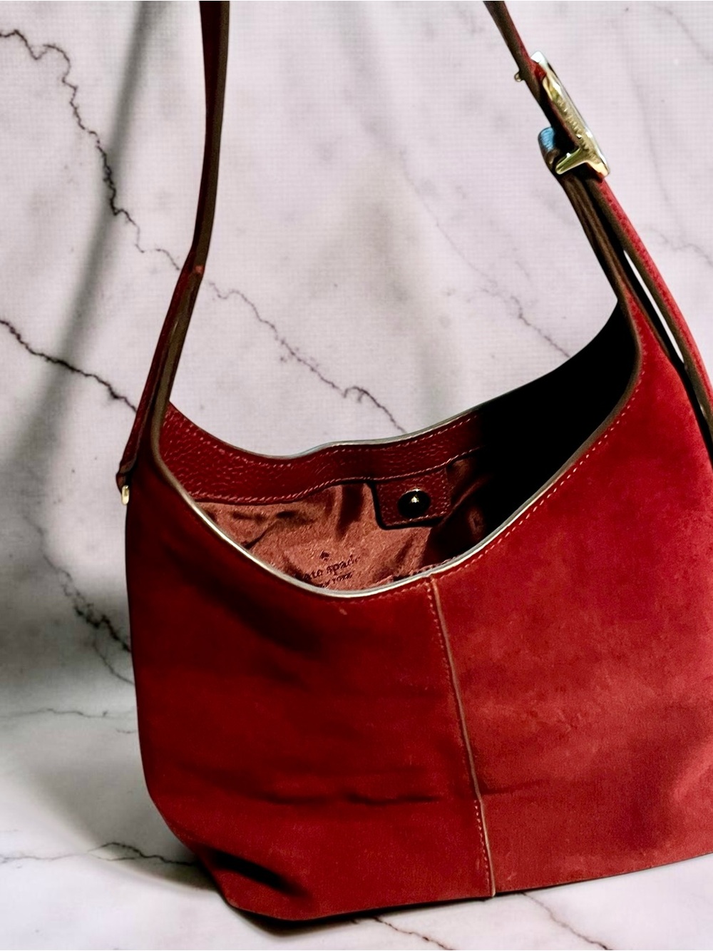 Kate Spade New York Burgundy Suede Hobo Shoulder Bag | Genuine Leather Trim - Picture 5 of 10